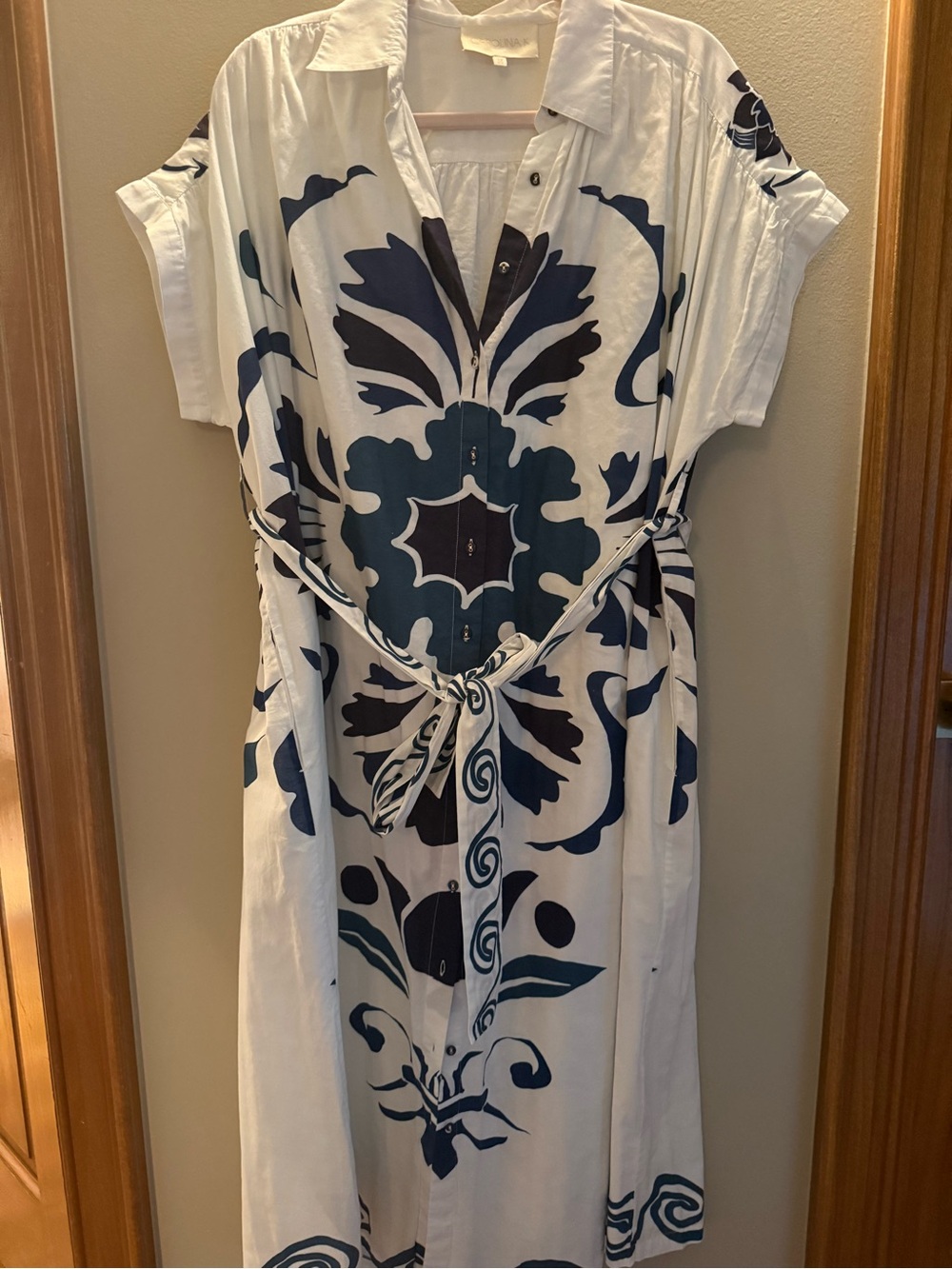 Carolina K White and Navy Floral Dress with Tie Belt